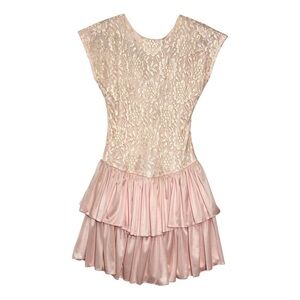 Vintage 80s Mini Dress Pink Lace Ruffle Balletcore Coquette Princess Size 7/8